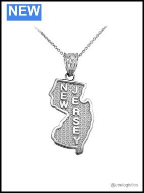 Sterling Silver New Jersey State Map Pendant Necklace 18"